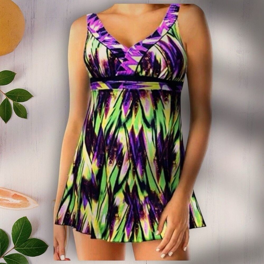 Septangle One Piece Swim-dress Vibrant Abstract Tummy Control‎ NWT 12